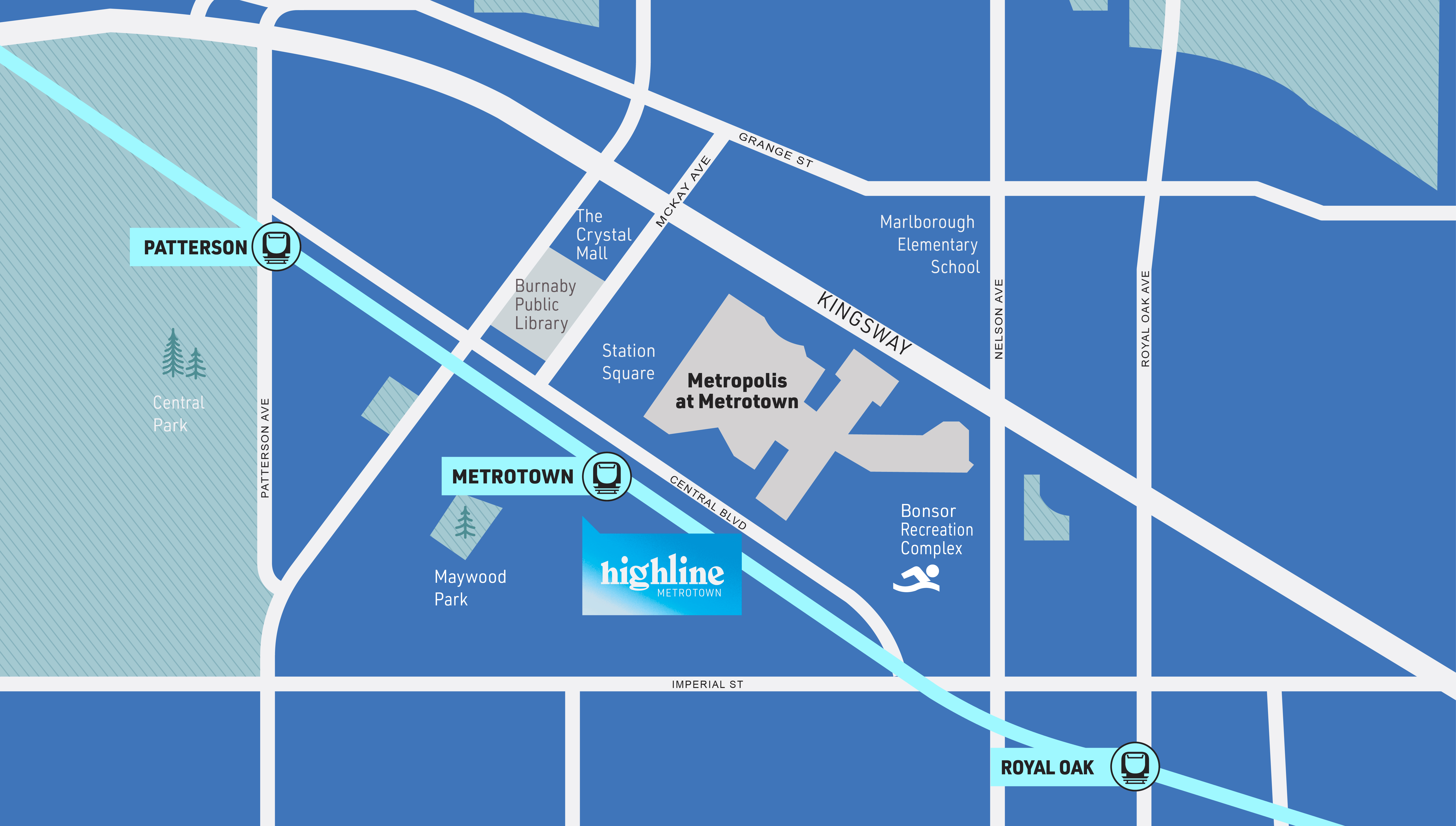 Highline neighbourhood map showing Metrotown, Patterson and Royal Oak SkyTrain stations, Metropolis, Central Park, Deer Lake Park, and nearby schools.